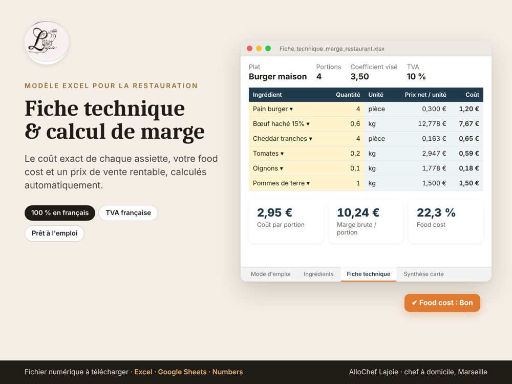 Aperçu de la fiche technique et du calcul de marge